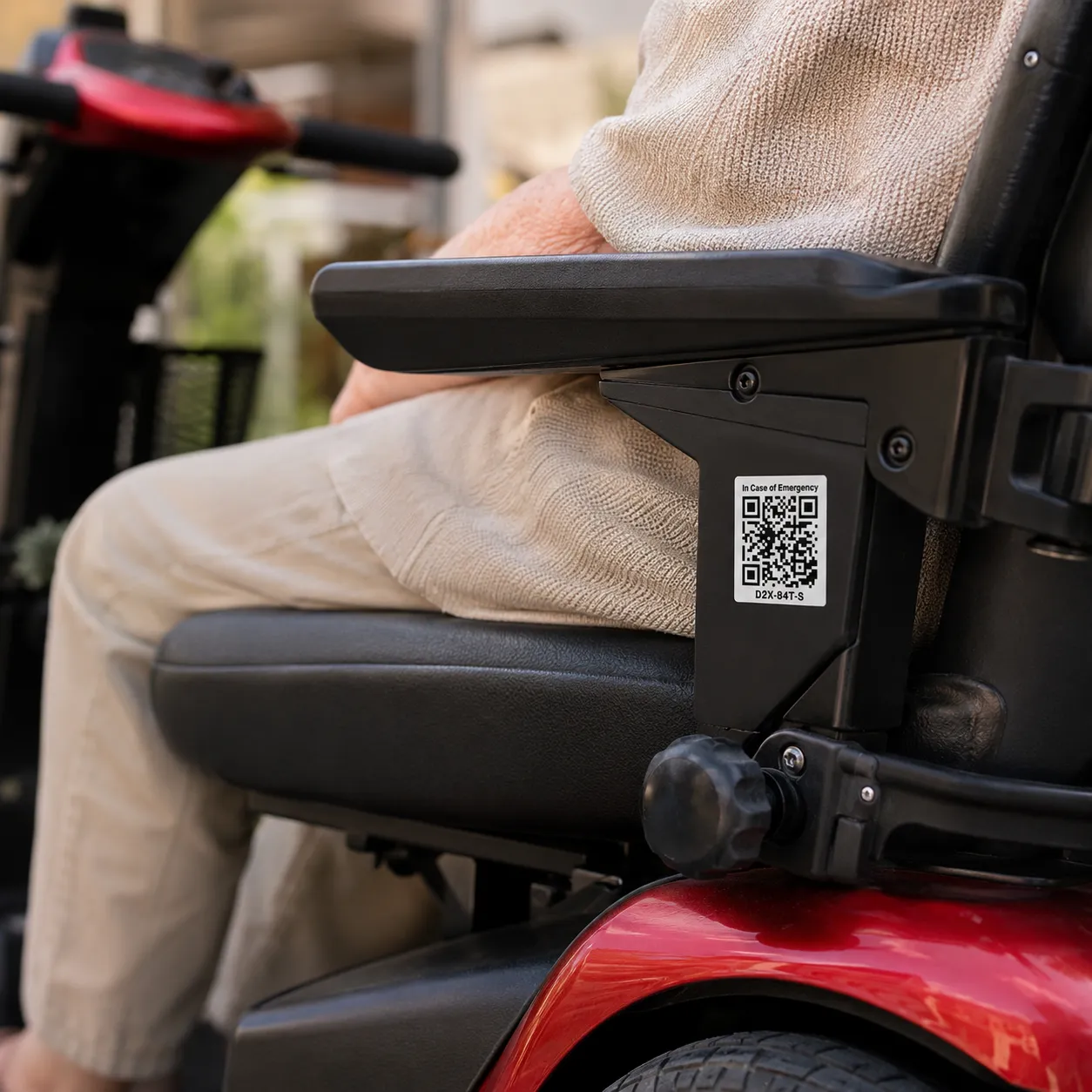ICE Jar QR code sticker on a mobility scooter